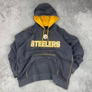 Pittsburgh Steelers Majestic Fleece Hoodie Pullover Gray Embroidered Y2K Faded L